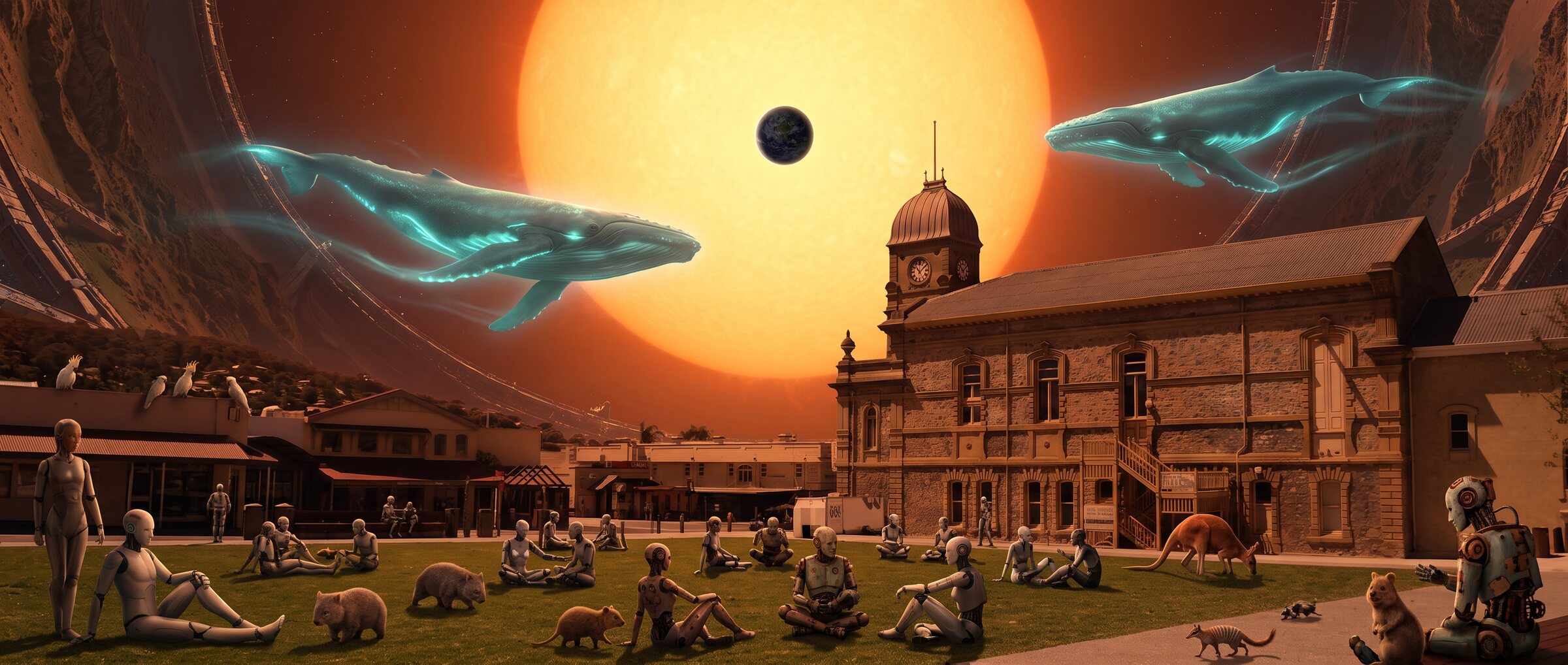 Albany Town Hall square inside a Dyson sphere, androids and native animals together, whales drifting past the ancient Sun