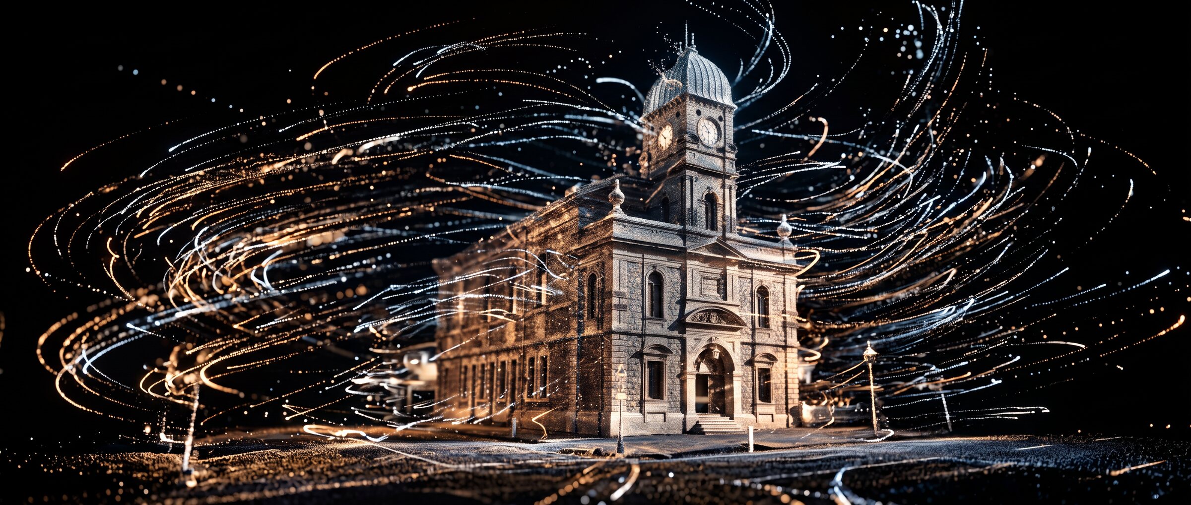 Albany Town Hall and the street, dissolving into drifting points of light