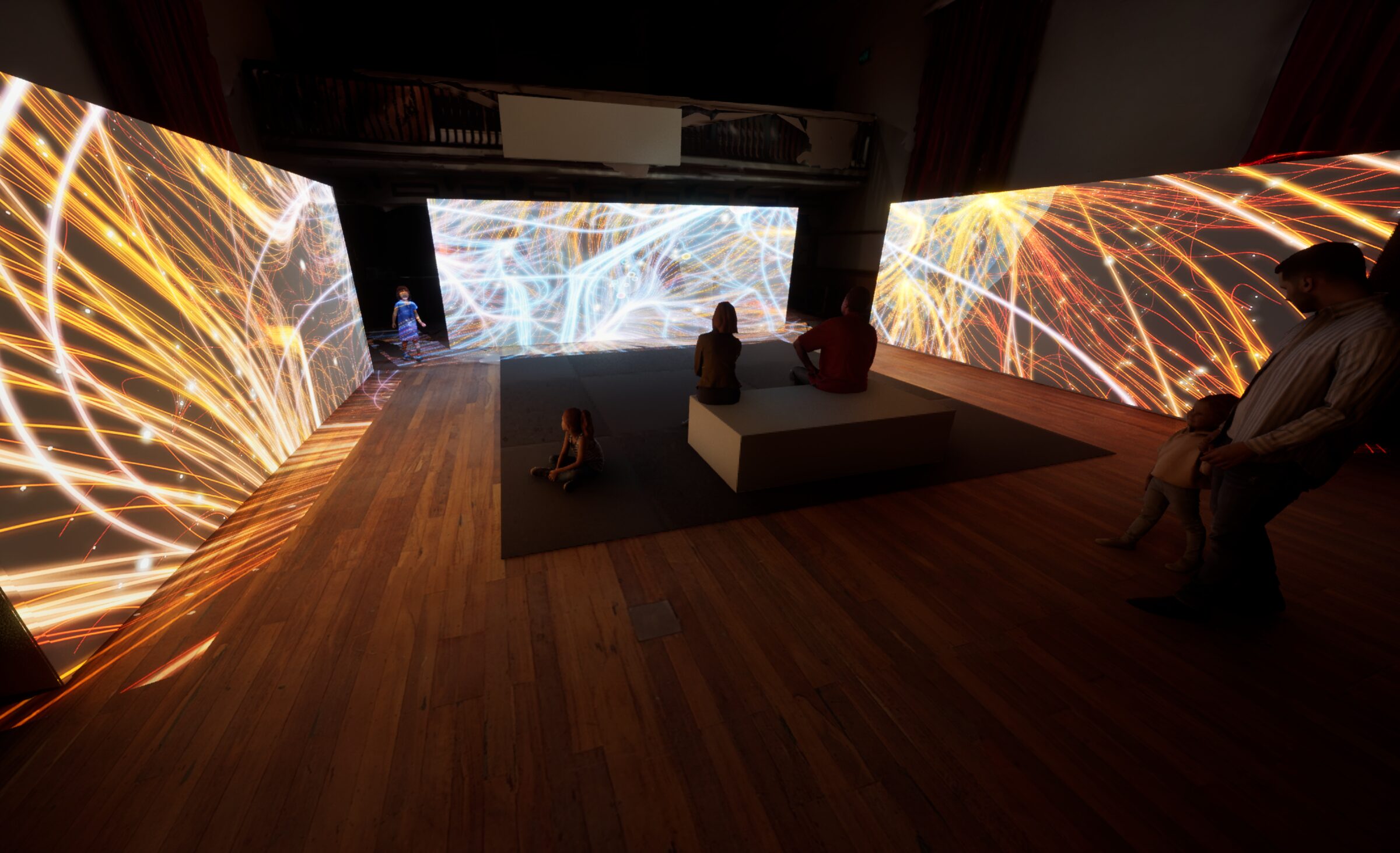 Numen at Albany Town Hall — three screens, with audience standing and seated
